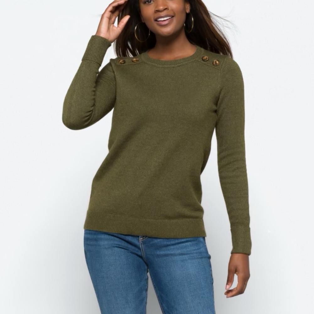 Pink Clover Carson Crew Neck Button Detail Pullover in Olive Green